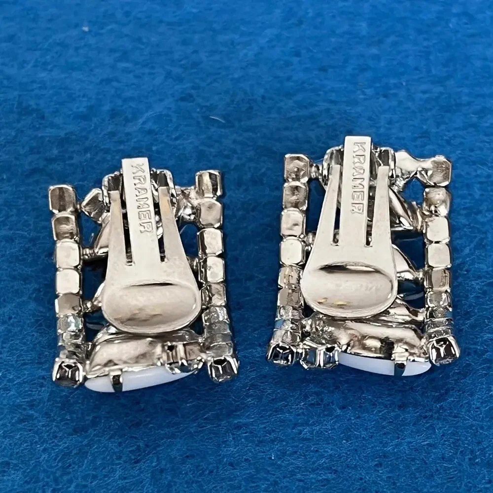 Stunning Kramer Silvertone Marquise Shaped Milk Glass Bracelet and Earring Set - Picture 7 of 9